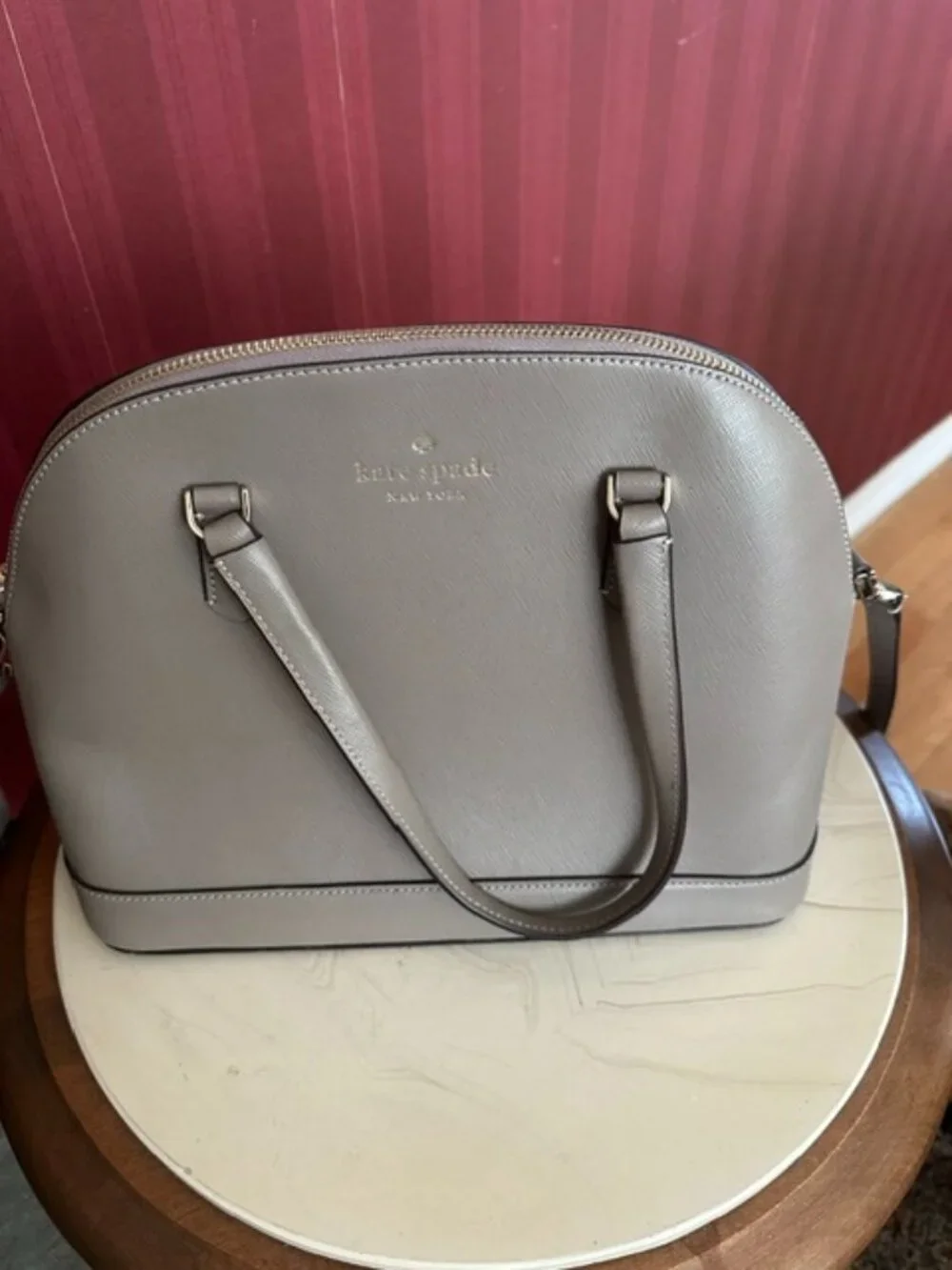 Kate Spade New York Taupe Crossgrain Leather Satchel Handbag Excellent Condition